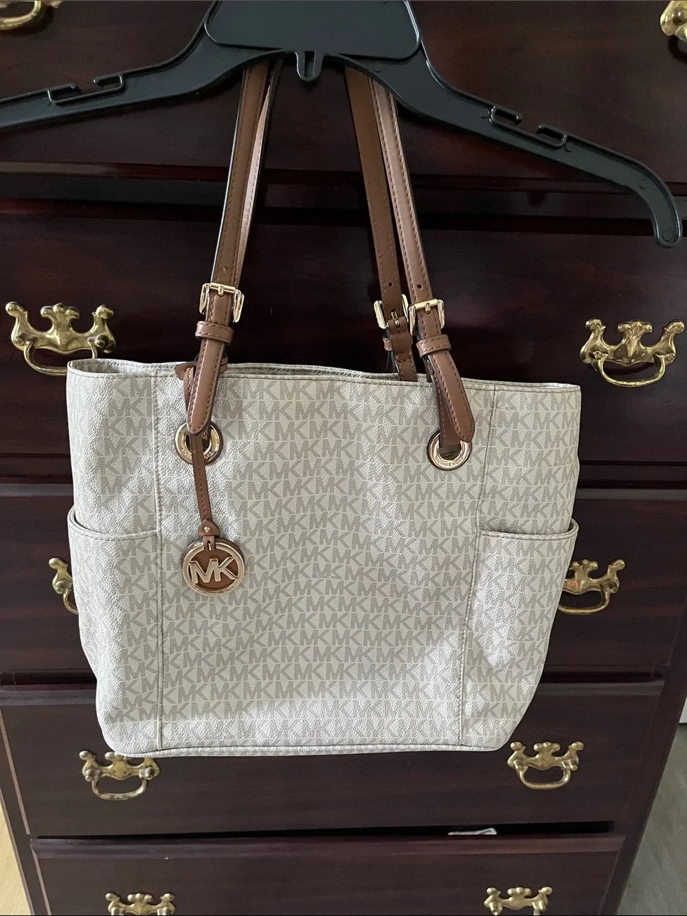 Michael Kors Cream MK Signature Tote with Brown Leather Straps
